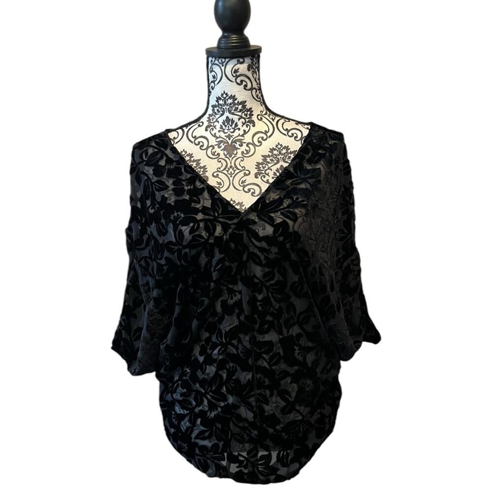 Spiegel Velvet Flocked Floral Burnout Dolman Sleeve Blouse Black sz 4